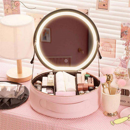 LED Makeup Bag w/ Mirror Lights Beauty Organizer PU Leather Cosmetic Case