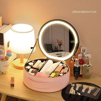 LED Makeup Bag w/ Mirror Lights Beauty Organizer PU Leather Cosmetic Case